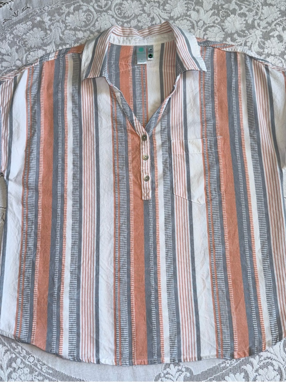 Aventura Organic Cotton Women‎ Short Sleeve Stripe Shirt White Peach Gray Medium